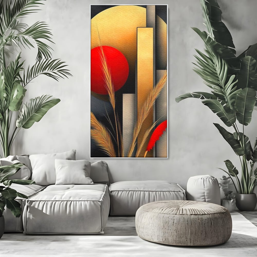 Tablou canvas cu tablou canvas cu forme geometrice si spice, in rama de aluminiu argintiu, pe perete intr-un living